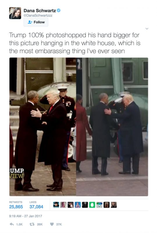 Dana Schwartz initial Donald Trump hands tweet