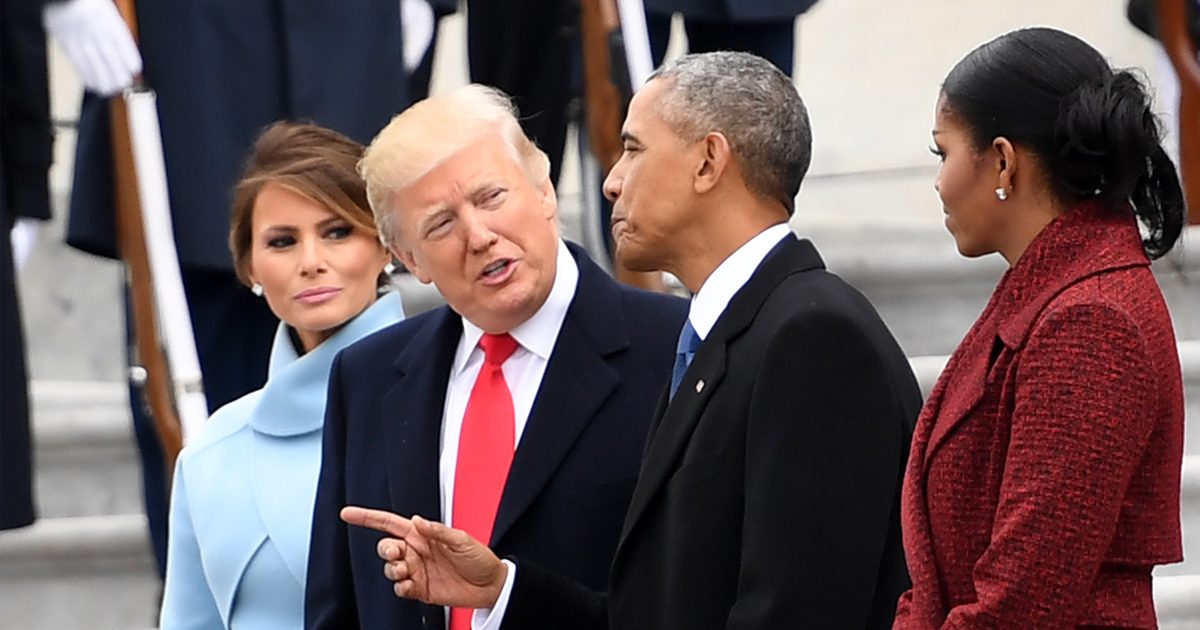 Former President Barack Obama and Michelle Obama say goodbye to President Donald Trump and First Lady Melania Trump before departing the US Capitol after inauguration ceremonies at the US Capitol in Washington, DC, on January 20, 2017.