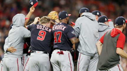 Washington Nationals celebrate after defeating the Houston Astros in Game Seven to win the 2019 World Serie