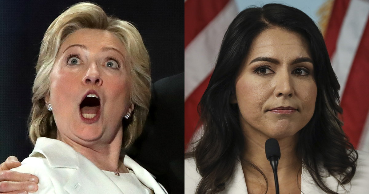L- Hillary Clinton wears all white at 2016 Democratic Convention. R - Tulsi Gabbard in all white at press conference in Manhattan.