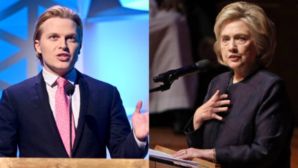 Ronan Farrow, left, Hillary Clinton, right