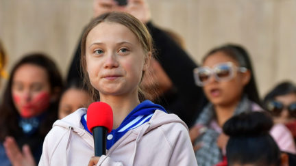 Swedish environment activist Greta Thunberg, 16, speaks during a climate protest at Civic Center Park in Denver, Colorado, on October 11, 2019.