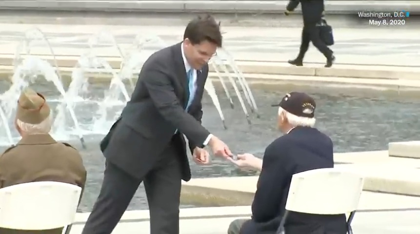 Defense Sec'y Mark Esper Violates Mask, Social Distancing Guidelines During WWII Veterans Ceremony