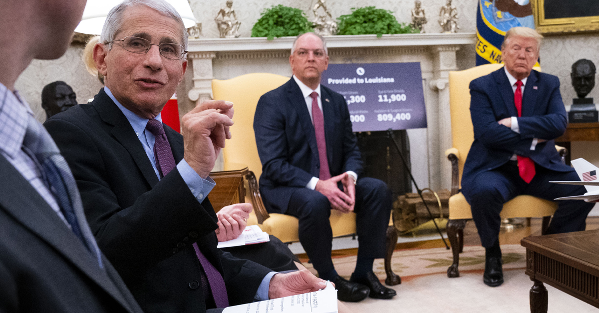 Dr. Anthony Fauci discusses early results of testing the drug Remdesivir during a meeting with U.S. President Donald Trump and Louisiana Gov. John Bel Edwards
