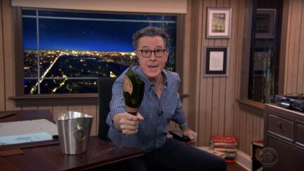 stephen colbert smashes bottle