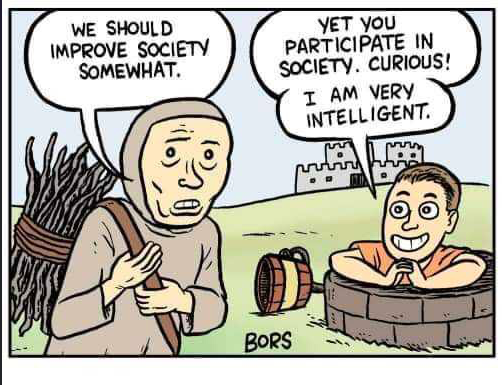Cartoon panel: "Yet your participate in society. Curious!'