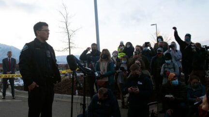 Boulder Police Commander Kerry Yamaguchi briefs the press.