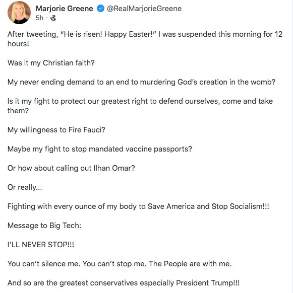 Marjorie Taylor Greene post on Gab