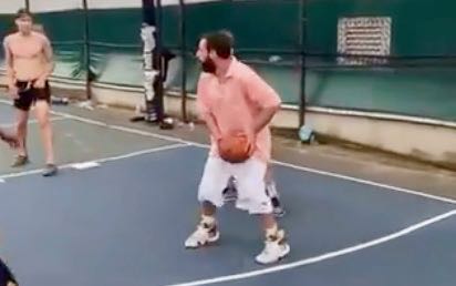 Video of Adam Sandler Playing Pickup Basketball on Long Island in a Big Polo