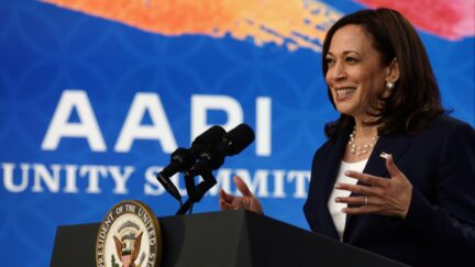 WASHINGTON, DC - MAY 19: U.S. Vice President Kamala Harris delivers remarks virtually at the Asian Pacific American Heritage Month Unity Summit from South Court Auditorium of Eisenhower Executive Office Building May 19, 2021 in Washington, DC. Vice President Harris spoke during the event to mark Asian Pacific American Heritage Month. (Photo by Alex Wong/Getty Images)