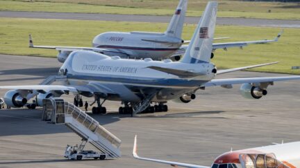 GENEVA, SWITZERLAND - JUNE 16: Air Force One (bottom) stands by as the presidential Ilyushin Il-96, believed to be carrying Russian president Vladimir Putin (top), taxis on the runway at Geneva Airport Cointrin following the US - Russia summit, on June 16, 2021 in Geneva, Switzerland. (Photo by Alessandro della Valle - Pool/Keystone via Getty Images)