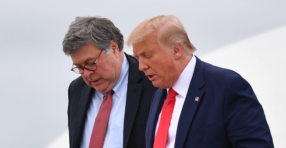 US President Donald Trump (R) and US Attorney General William Barr step off Air Force One upon arrival at Andrews Air Force Base in Maryland on September 1, 2020. - US President Donald Trump said September 1, 2020 on a visit to protest-hit Kenosha, Wisconsin that recent anti-police demonstrations in the city were acts of "domestic terror" committed by violent mobs.