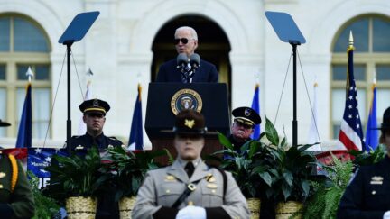 US President Joe Biden speaks during the 40th Annual National Peace Officers Memorial Service at the US Capitol in Washington, DC, on October 16, 2021.