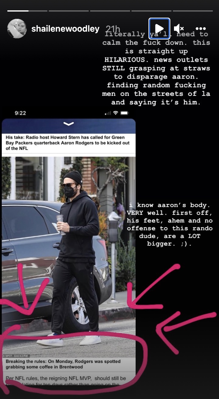 Shailene Woodley Instagram story about Aaron Rodgers
