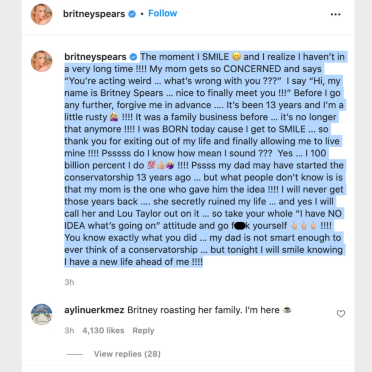 Screenshot of Britney Spears Instagram caption