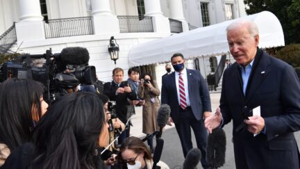 US President Joe Biden speaks to the press as he departs the White House in Washington, DC, on December 15, 2021. - President Biden is traveling to Kentucky to tour areas devastated by tornadoes. (Photo by Nicholas Kamm / AFP) (Photo by NICHOLAS KAMM/AFP via Getty Images)