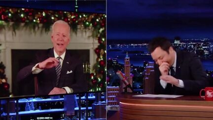 Joe Biden Jimmy Fallon laughing split image
