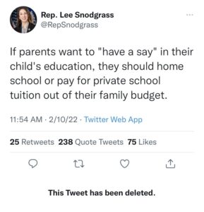 rep lee snodgrass deleted tweet (text in article)