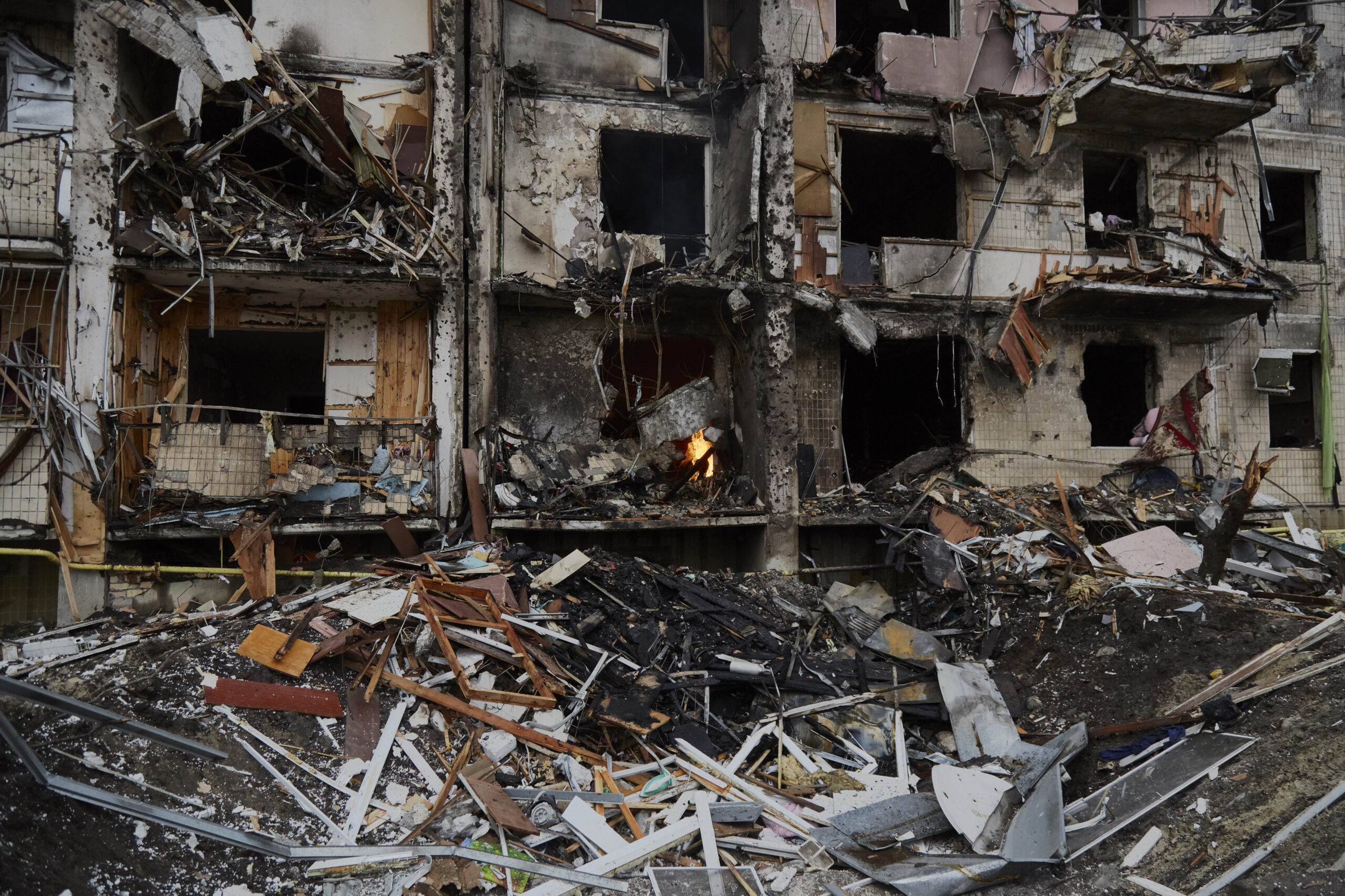 A residential building damaged by a missile on February 25, 2022 in Kyiv, Ukraine
