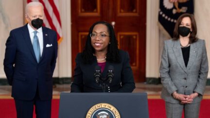 Judge Ketanji Brown Jackson, with President Joe Biden and Vice President Kamala Harris, speaks after being nominated for the US Supreme Court at the White House in Washington, DC, on February 25, 2022. (Photo by SAUL LOEB / AFP) (Photo by SAUL LOEB/AFP via Getty Images)