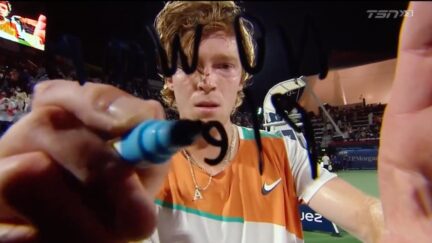 Andrey Rublev writes on a camera “No War Please”