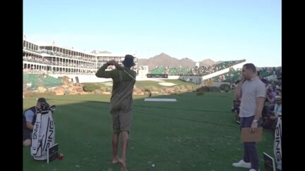 Matt James and CC Sabathia shank golf balls into the crowd