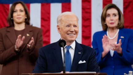 WASHINGTON, DC - MARCH 01: U.S. President Joe Biden delivers the State of the Union address to a joint session of Congress in the U.S. Capitol House Chamber on March 1, 2022 in Washington, DC. In his first State of the Union address, Biden spoke on his administration’s efforts to lead a global response to the Russian invasion of Ukraine, work to curb inflation, and bring the country out of the COVID-19 pandemic. (Photo by Saul Loeb - Pool/Getty Images)