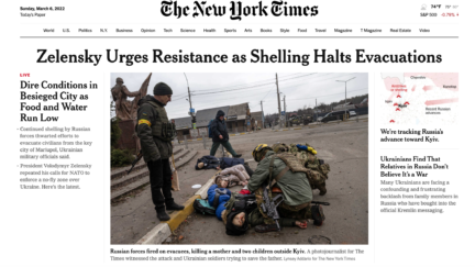 Front page of the digital New York Times depicting killed family in Ukraine
