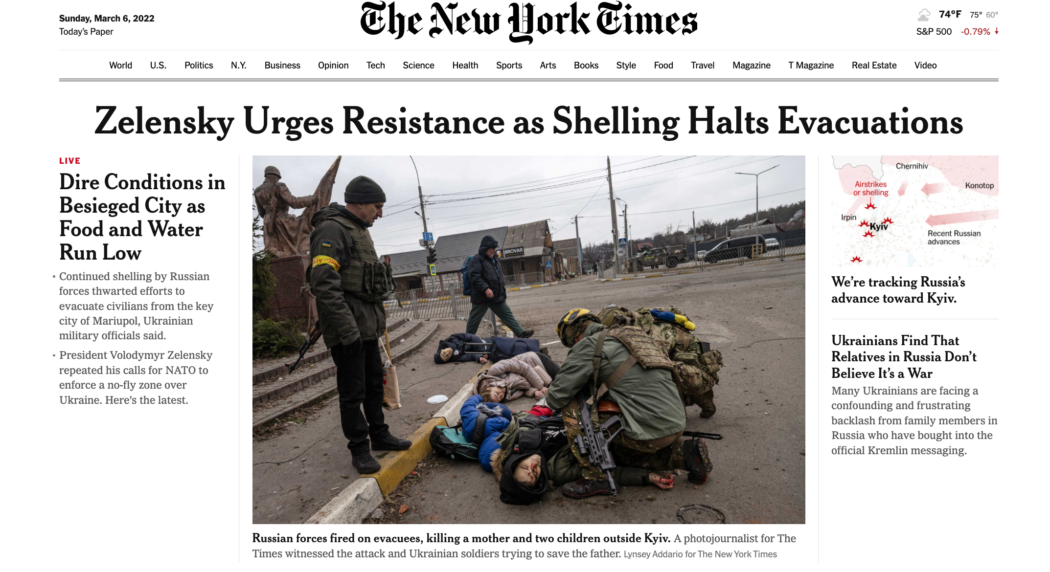 Front page of the digital New York Times depicting killed family in Ukraine