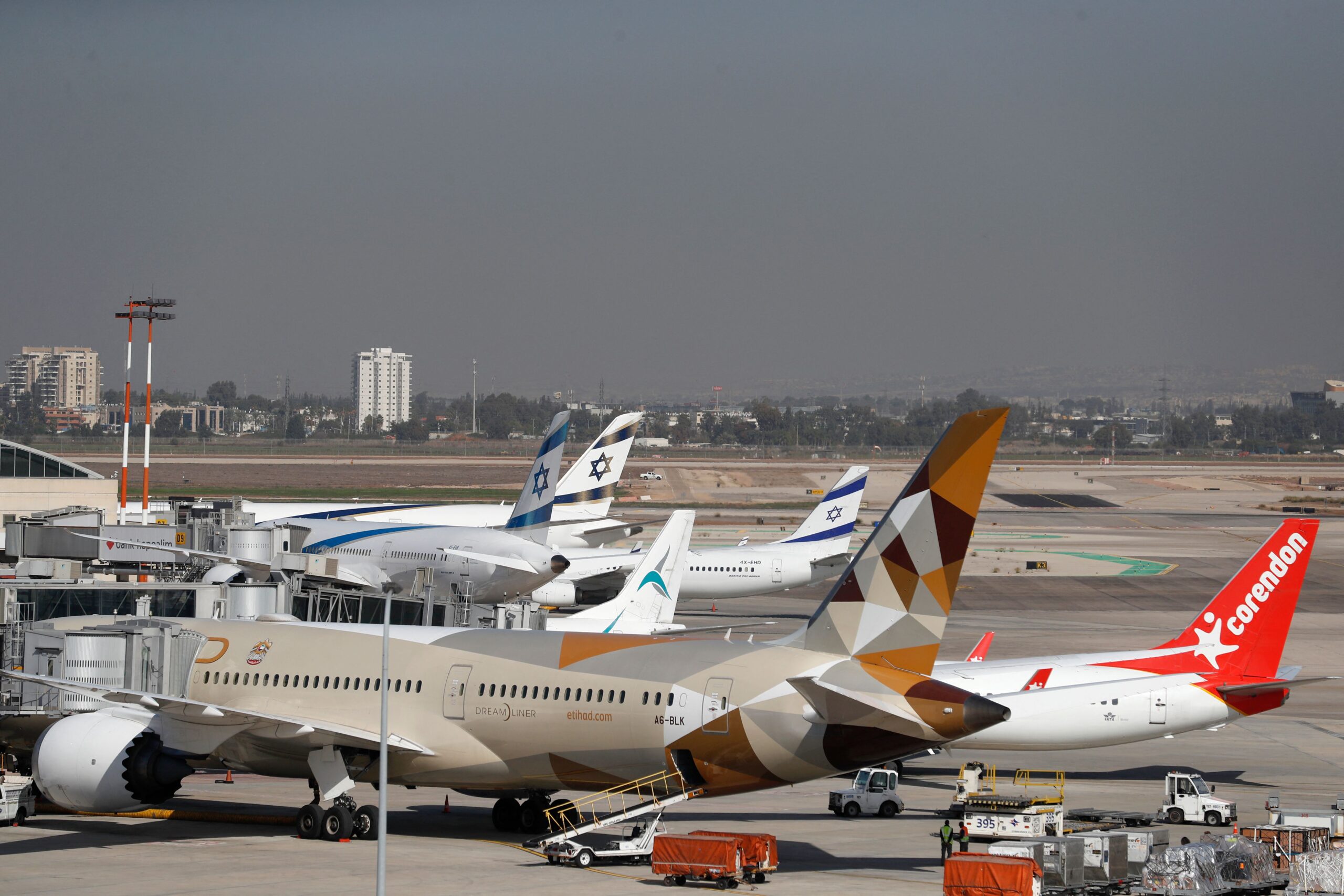 Airplanes are seen on the tarmac at Israel's Ben Gurion Airport in Lod, east of Tel Aviv