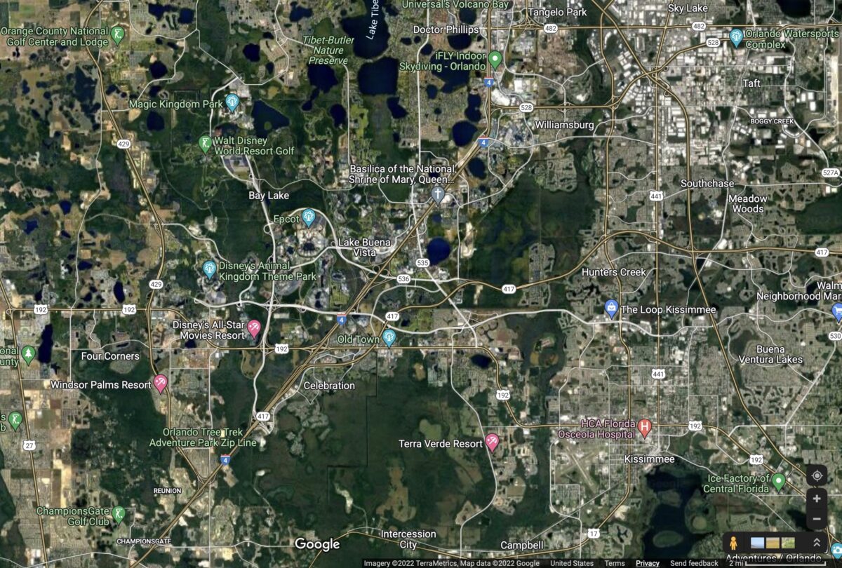 Satellite view of Reedy Creek Improvement District and surrounding area, via Google Maps dated April 20, 2022.