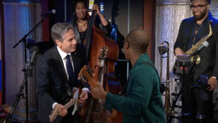 Anthony Blinken jams with Stay Human on Late Show