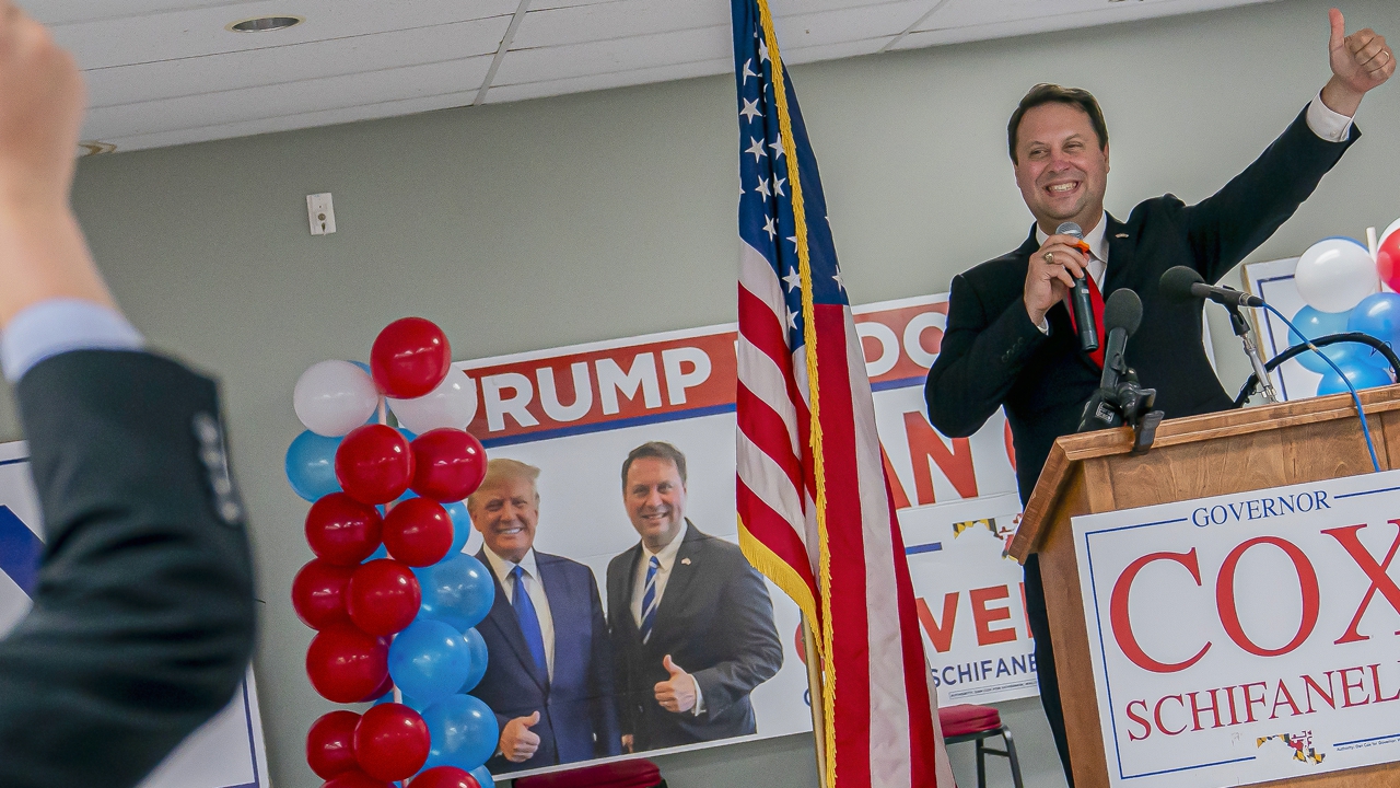 EMMITSBURG, MD - JULY 19: Republican gubernatorial candidate Dan Cox reacts to his primary win on July 19, 2022 in Emmitsburg, Maryland. Cox, who is supported by former President Donald Trump, is running to replace term-limited Republican Gov. Larry Hogan. (Photo by Nathan Howard/Getty Images)