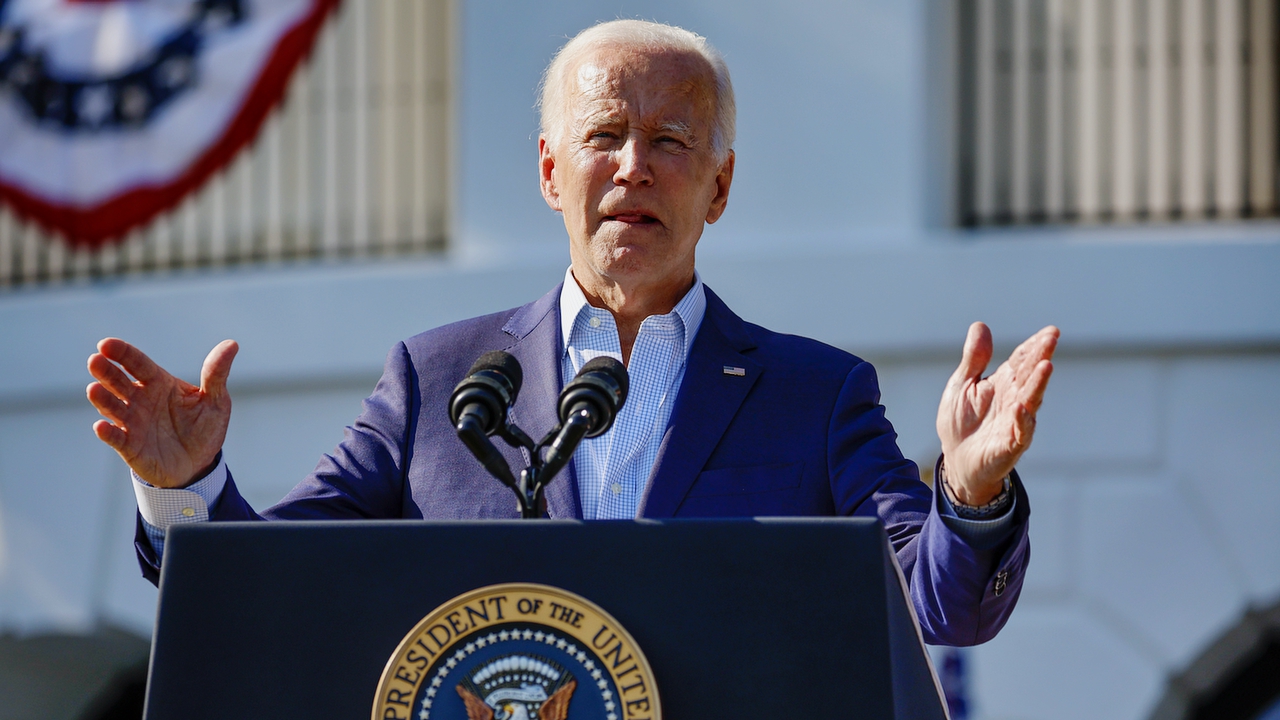 WASHINGTON, DC - JULY 04: U.S. President Joe Biden speaks at the White House on July 04, 2022 in Washington, DC. Biden and first lady Jill Biden were hosting a Fourth of July BBQ and concert with military families and other guests on the south lawn of the White House. (Photo by Tasos Katopodis/Getty Images)