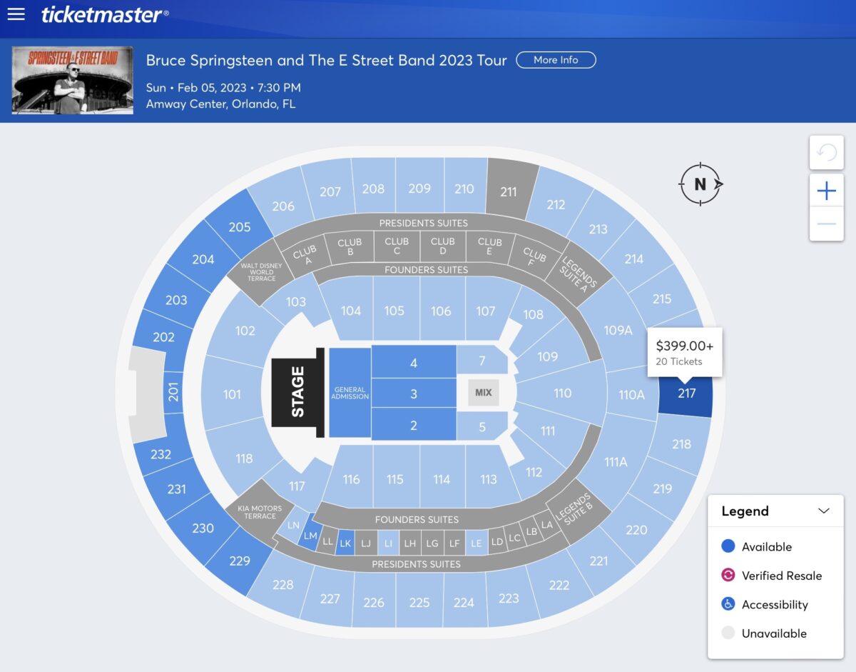 Ticketmaster screenshot for Springsteen tickets in Orlando Florida 2023 tour
