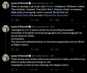 tweets by lynne O'Donnell with apology forced by taliban and explanation