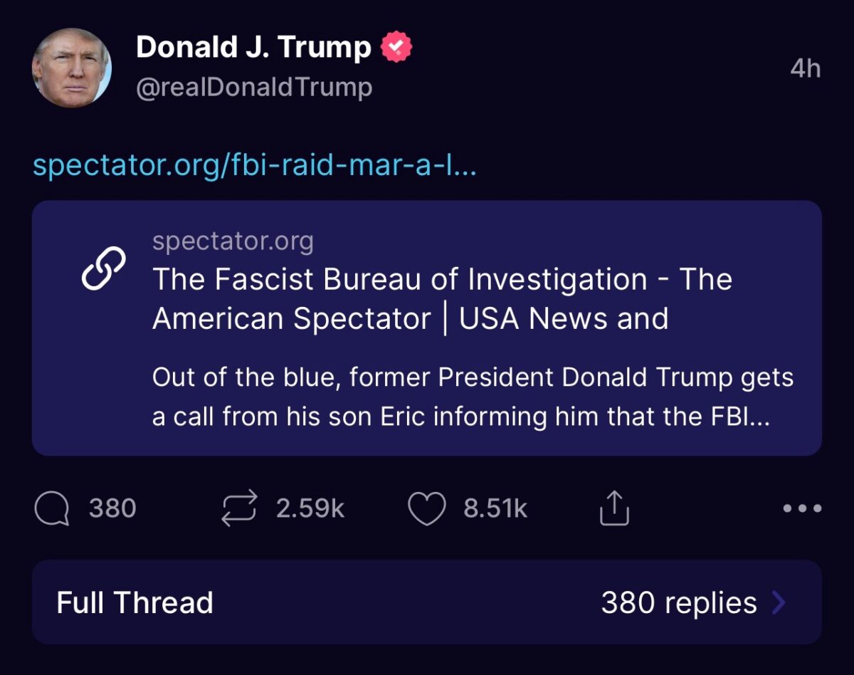 Trump Shares An Article Calling The FBI 'Fascist'