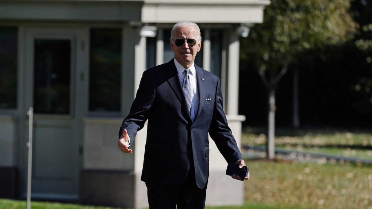 WASHINGTON, DC - OCTOBER 21: U.S. President Joe Biden gestures prior to a Marine One departure from the White House on October 21, 2022 in Washington, DC. President Biden is traveling to Dover, Delaware to speak on student debt relief before spending the weekend in Rehoboth Beach.