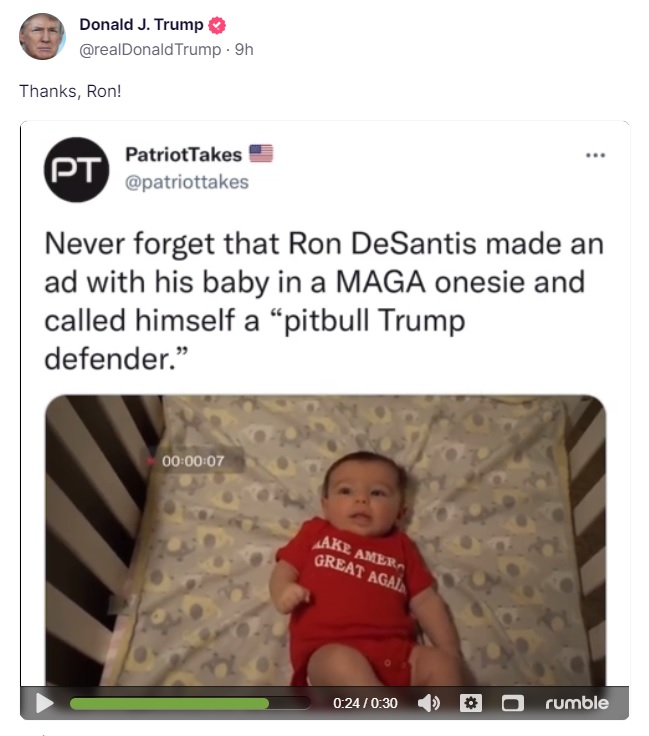post Trump — Not At All Mad — Trolls DeSantis For Putting His Baby In a MAGA Onesie For Campaign Ad