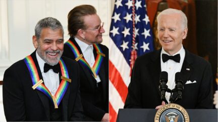 WATCH Biden Gets Big Laugh With Dad Joke About George Clooney at White House Event for Kennedy Center Honorees Getty split