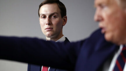 FILE - In this April 2, 2020, file photo, White House adviser Jared Kushner listens as President Donald Trump speaks during a White House press briefing in Washington. Jersey City has reached an agreement in a lawsuit by White House adviser Jared Kushner’s family’s company that claimed the city tried to sabotage a $900 million residential tower project out of political animosity toward Kushner’s father-in-law, President Donald Trump. According to Jersey City Mayor Steven Fulop, the project will go forward without a tax abatement that was at the center of the lawsuit. (AP Photo/Alex Brandon, File)