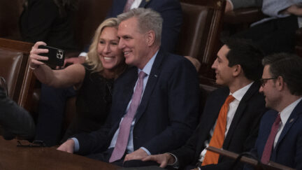 Republican Leader Kevin McCarthy, R-Calif., does a selfie with U.S. Representative Marjorie Taylor Greene, R-GA., after his winning the 15th ballot to become Speaker of the House in the early morning hours of the fifth day of the 118th Congress at the US Capitol in Washington, D.C., on Friday, January 07, 2023. (Photo by Craig Hudson/Sipa USA)(Sipa via AP Images)