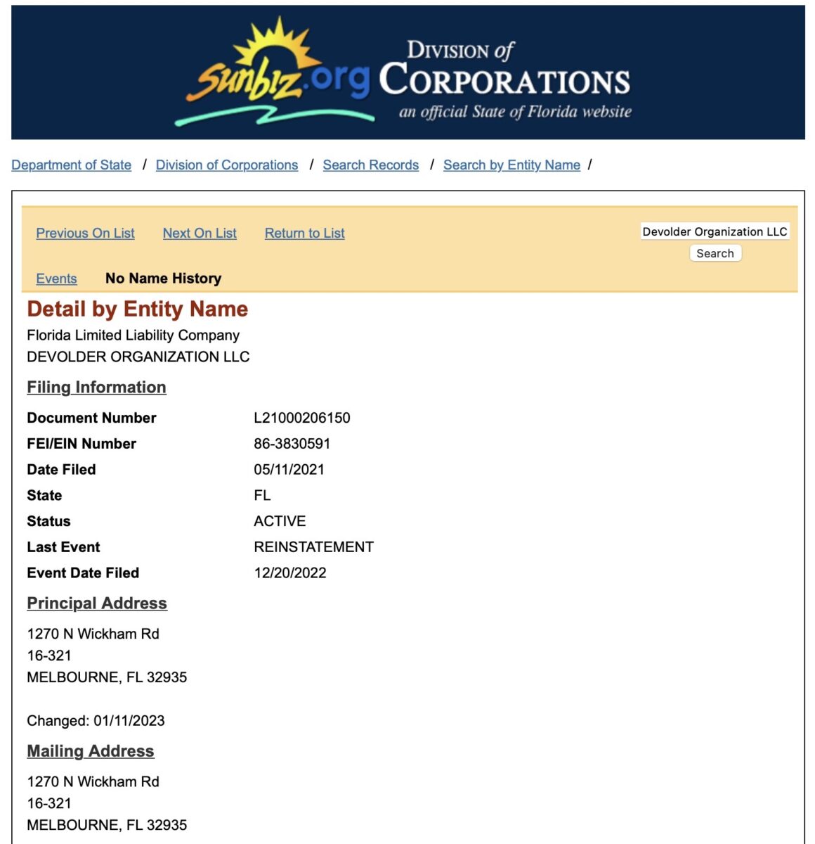 Santos company filing with FL Dept of Corporations 