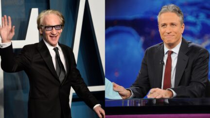 Bill Maher; Jon Stewart on set of The Daily Show