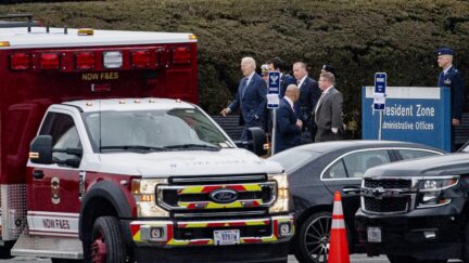 US President Joe Biden departs Walter Reed National Military Medical Center in Bethesda, Maryland, US, on Thursday, Feb. 16, 2023. Biden received a regular check-up at the medical center, according to the White House, a medical appointment that will draw attention to his age and fitness as he considers a reelection bid. Photographer: