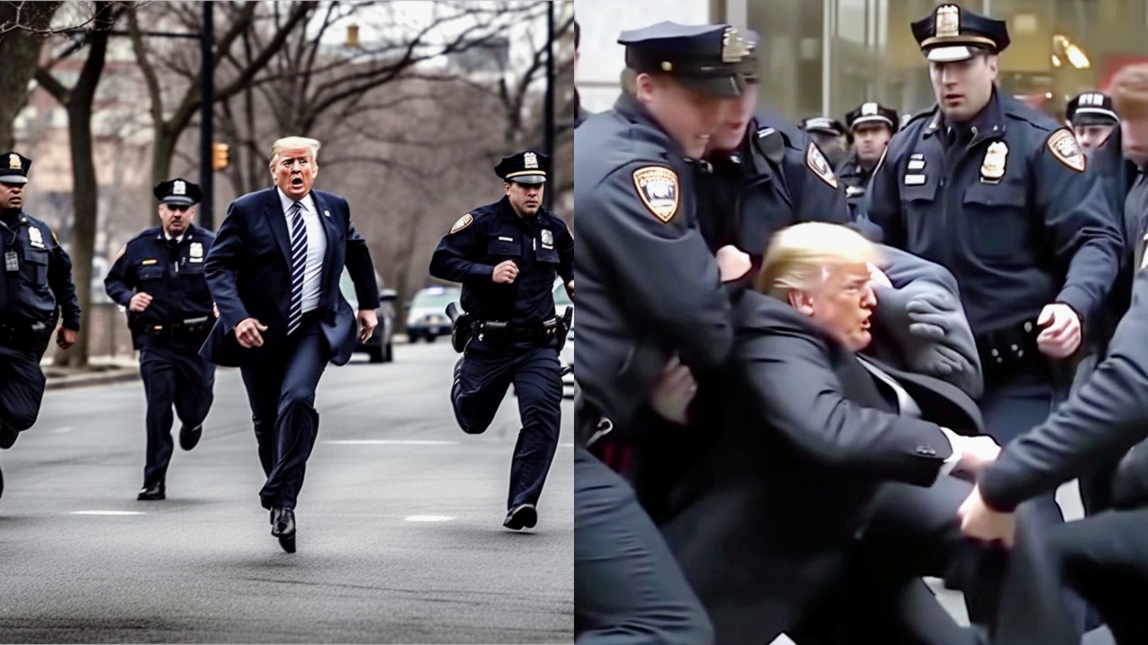 1 'Killing Me!' Trump Haters Having a Field Day With AI-Generated Photos of Cops Nailing and Jailing Trump - chase split image