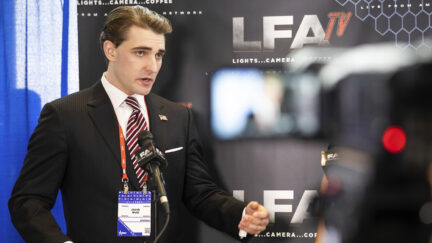 Jacob Wohl gives interview at CPAC 2023 in National Harbor, Maryland.