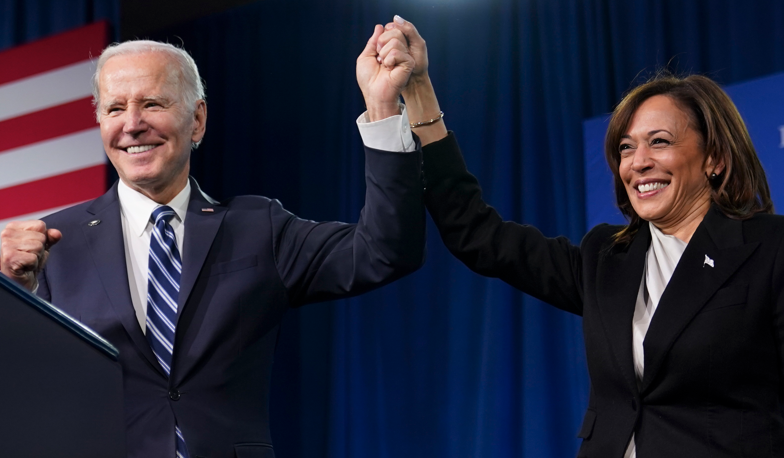 FILE - President Joe Biden and Vice President Kamala Harris stand on stage at the Democratic National Committee winter meeting, Feb. 3, 2023, in Philadelphia. (AP Photo/Patrick Semansky, File)