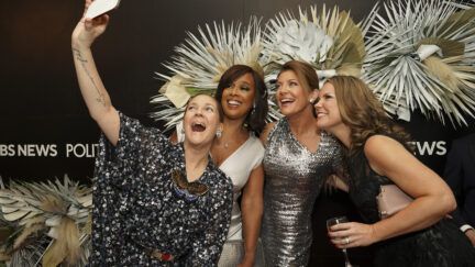 Drew Barrymore, Gayle King, Norah O'Donnell and Wendy McMahon at the CBS News/POLITICO reception ahead of the White House Correspondents' Association dinner at the Washington Hilton, in Washington, D.C., on April 30, 2022. Photo credit: Mary Kouw/CBS.
