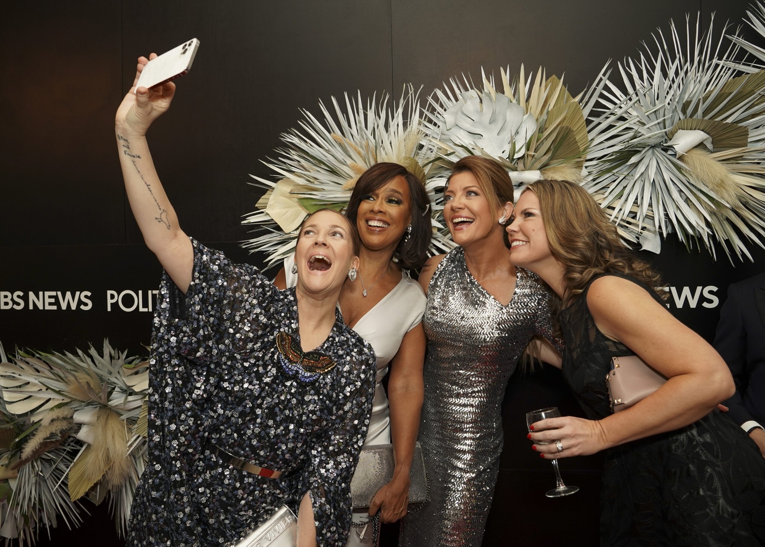 Drew Barrymore, Gayle King, Norah O'Donnell and Wendy McMahon at the CBS News/POLITICO reception ahead of the White House Correspondents' Association dinner at the Washington Hilton, in Washington, D.C., on April 30, 2022. Photo credit: Mary Kouw/CBS.